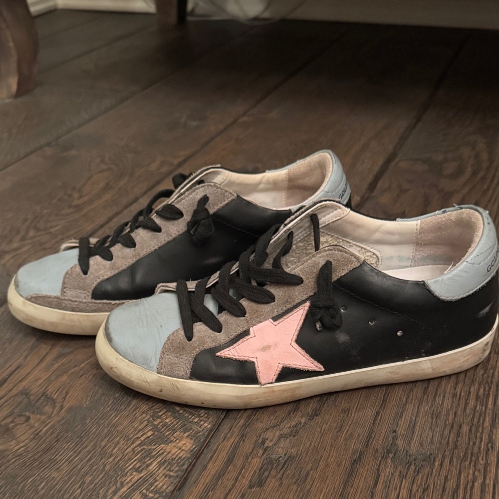 Golden Goose Black Leather Sneakers with Pink Star Accent